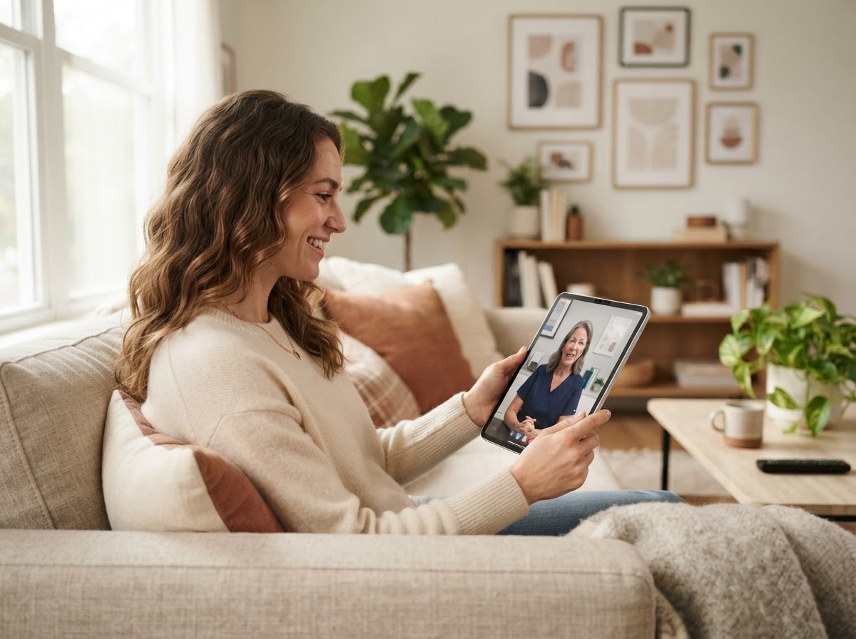 A patient at home having a video consultation with a doctor on a tablet