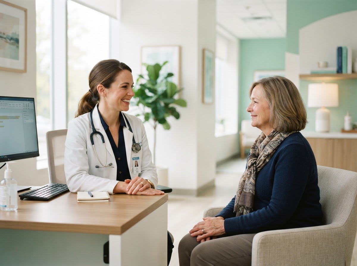 A doctor in a white coat speaking with a patient in a bright clinic consultation room